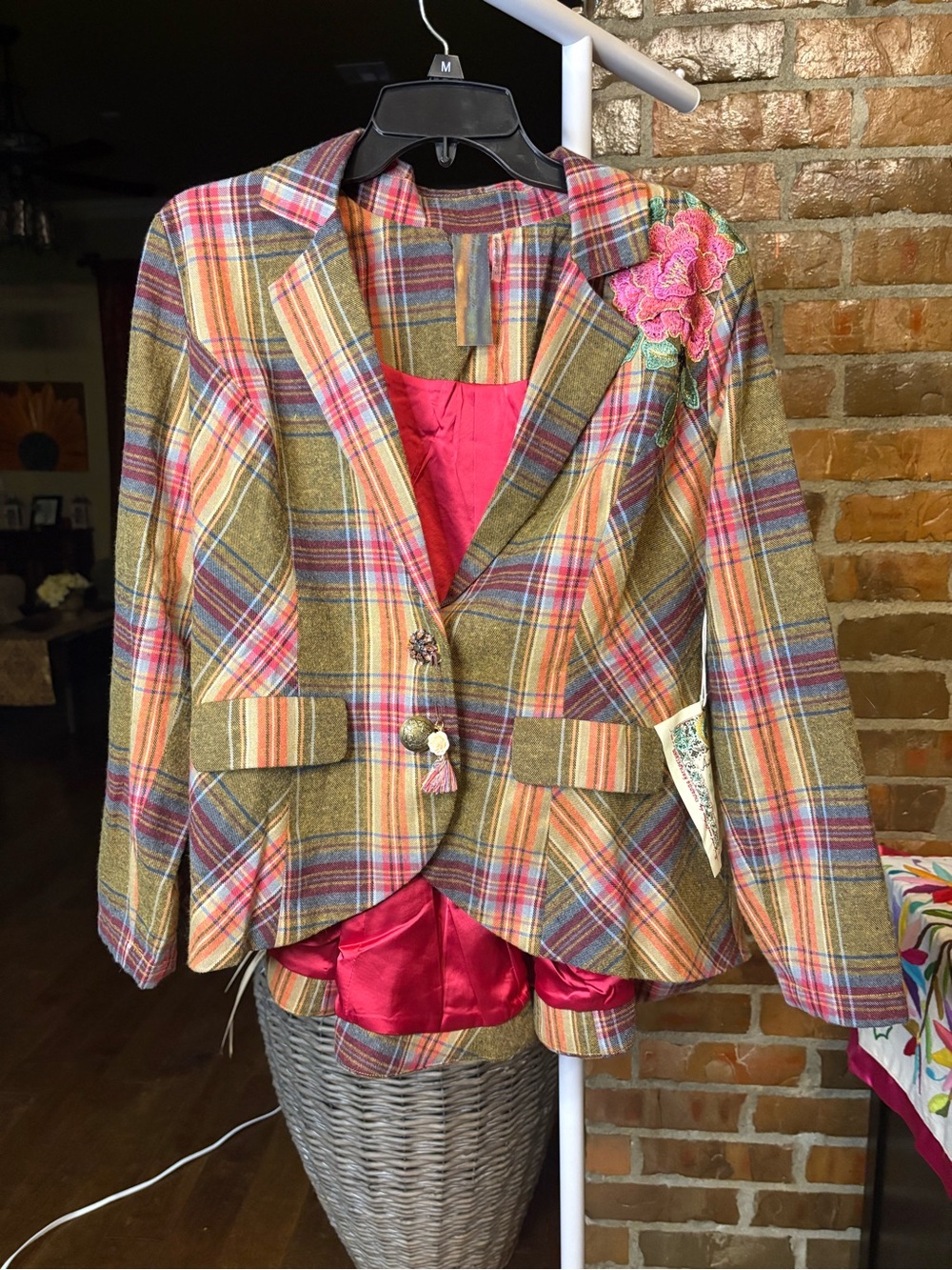 Aratta Plaid Tweed Blazer Jacket with Pink Lining and Floral Appliqué